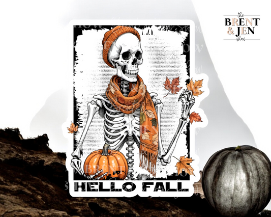 Hello Fall, Skeleton with Pumpkins Sticker