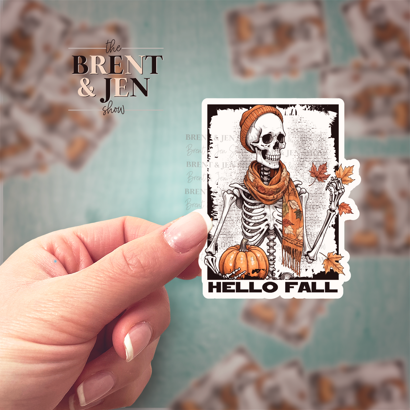 Hello Fall, Skeleton with Pumpkins Sticker