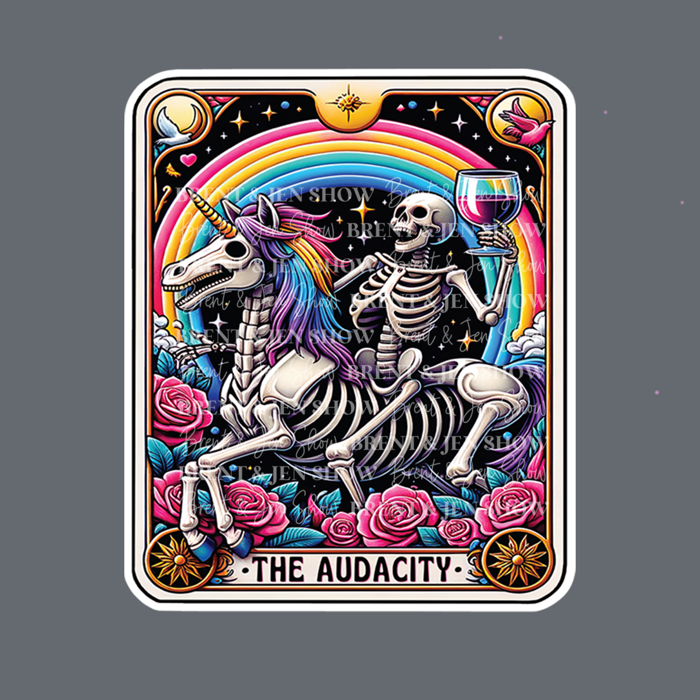 The Audacity, Funny Tarot Card Sticker. Retro Graphic Decal, Cool Popular Sticker, Rainbow Skeleton Unicorn