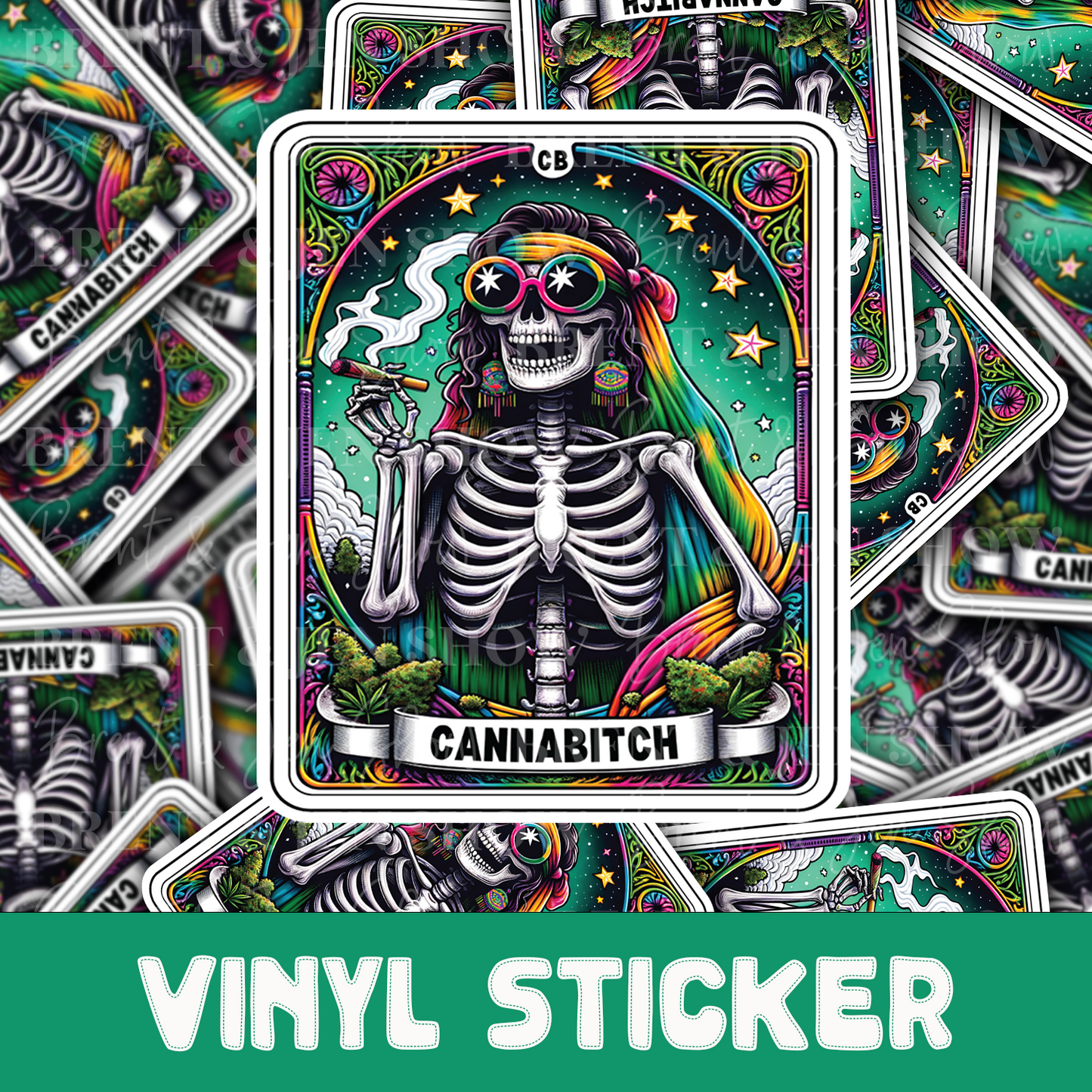 Cannabitch Tarot Card Sticker, Funny 420 Cannabis Decal, Colorful Hippie Weed Pot Smoker Gift